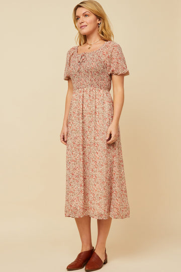 HN4688W Ivory Plus Ditsy Floral Puff Sleeve Smocked Square Neck Dress Front
